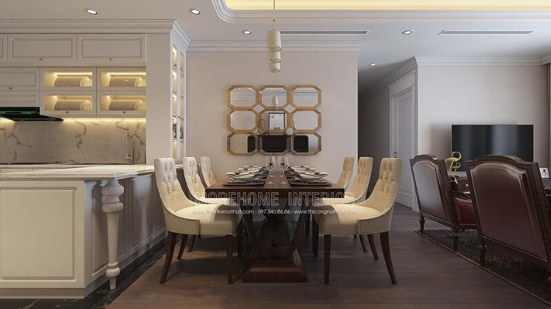 Phòng ăn tân cổ điển được thiết kế với bộ bàn ăn tone màu trắng và nâu ấm cũng và thân thiện Mẫu thiết kế nội thất chung cư đẹp