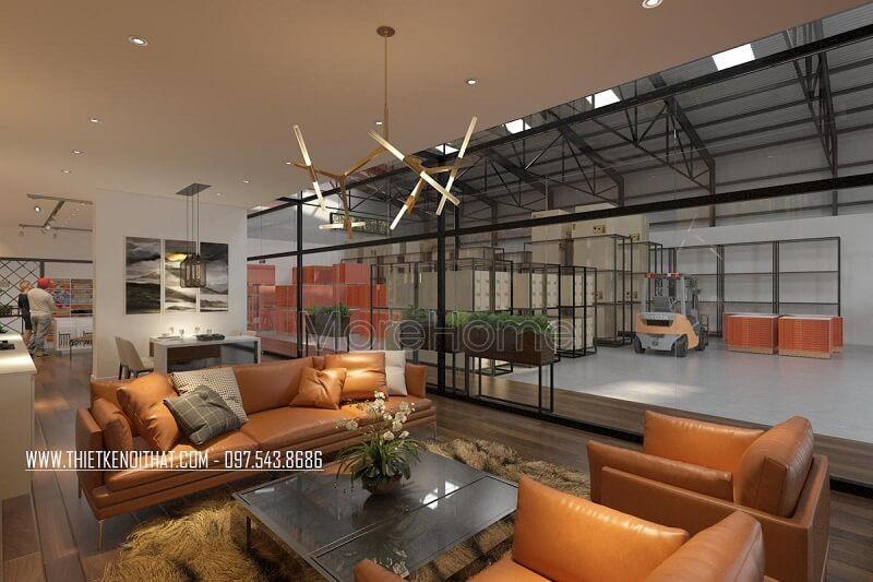 Mẫu thiết kế showroom nội thất JANHOME cao cấp được tạo bởi KTS MoreHome với cách bố trí các không gian : khu tiếp khách, khu trưng bày sản phẩm, kho bãi hợp lí, khoa học