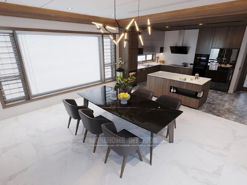 Sàn nhà được thiết kế tạo độ thoáng rộng từ đá tự nhiên màu trắng cao cấp mang đến không gian phòng sáng và sạch sẽ hơn