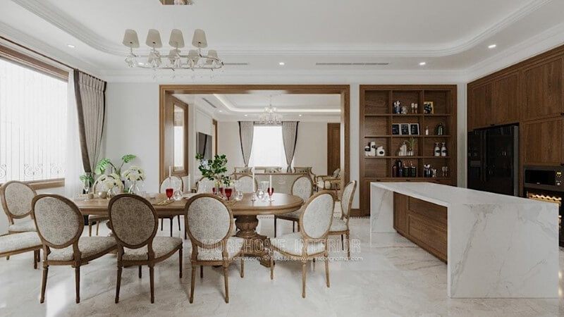 Lựa chọn loại đá lát sàn màu trắng vân mây cho phòng ăn mang đến sự sang choảnh, thoáng mát cho không gian