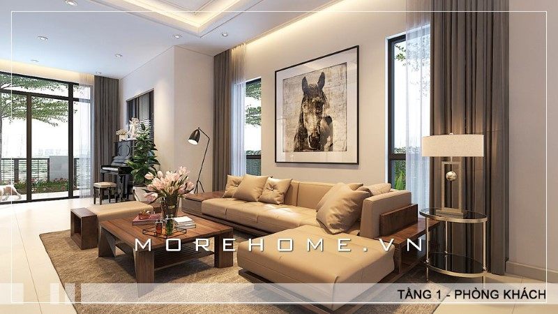 Gợi ý mẫu thiết kế phòng khách biệt thự được thiết kế mang phong cách hiện đại giúp không gian căn phòng thêm đẳng cấp.