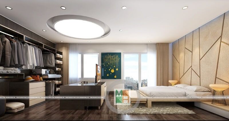 .
Mẫu thiết kế phòng ngủ đẹp cho chung cư với đồ nội thất gỗ công nghiệp cao cấp sẽ làm cho căn phòng ngủ trở nên sang trọng hơn. Đồ nội thất bao gồm giường ngủ gỗ, tủ quần áo âm tường, tạp đầu giường, bàn trang điểm kết hợp với trần thạch cao lông lẫy.