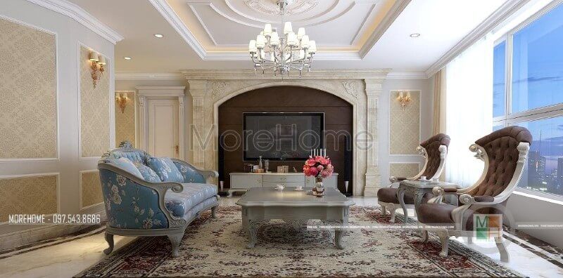 Thiết kế nội thất phòng khách chung cư phong cách tân cổ điển với tone màu sáng giúp chúng ta cảm nhận được sự ấm áp và thoải mái trong không gian.